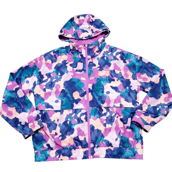 Reebok Women’s Hooded Windbreaker Jacket Abstract Print Size Large Zip Front - Picture 2 of 14